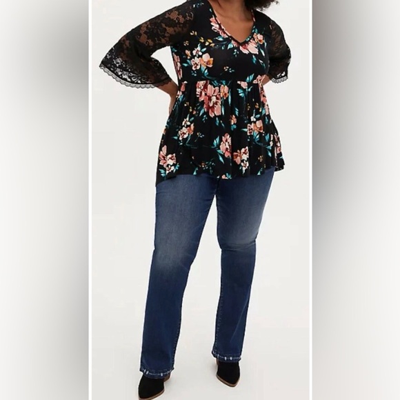 NWT Torrid Black Floral Blouse with Lace Sleeves - Picture 5 of 8